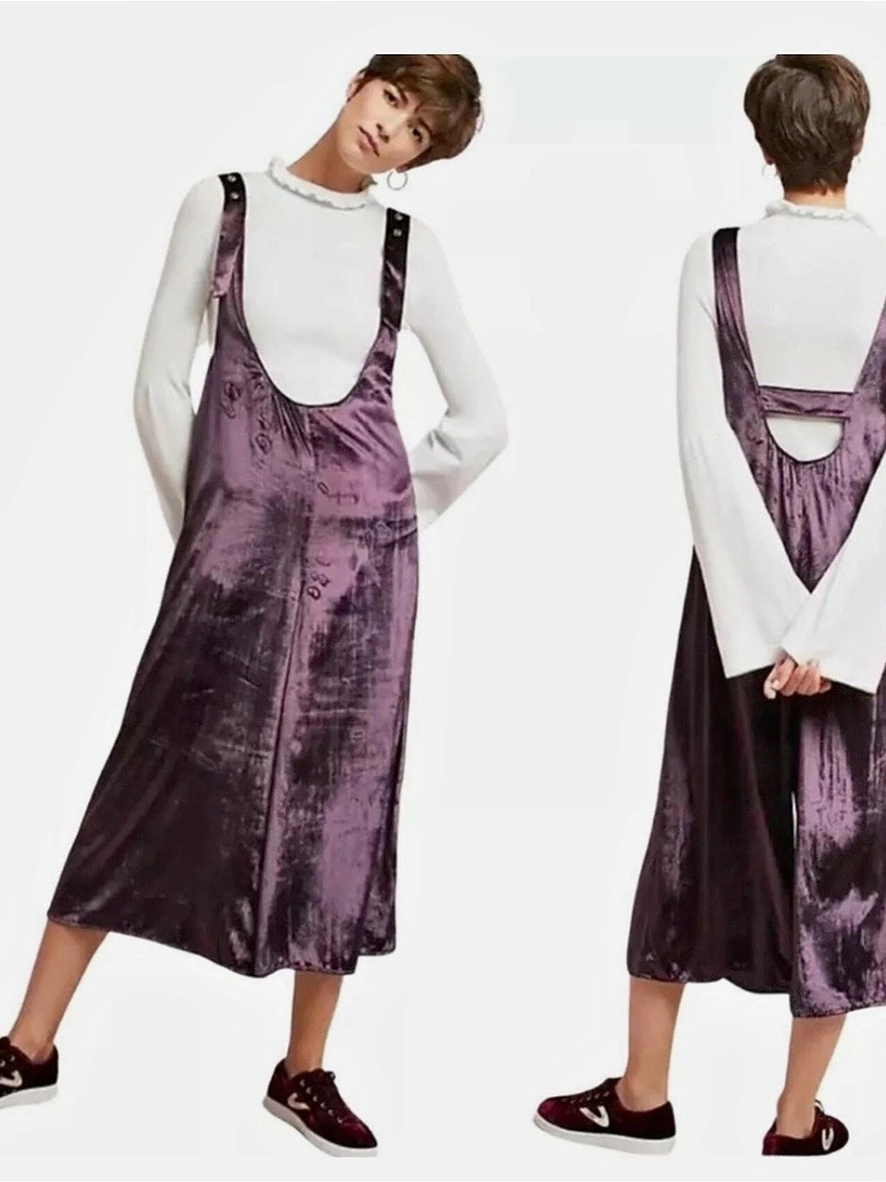 Anthropologie by MAEVE Plum Purple Velvet Suspender Jumpsuit Wide leg
Purple L